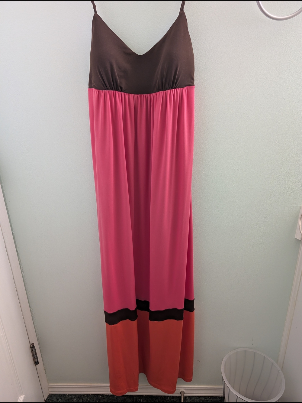 Democracy Brown, Pink & Rust Colorblock Maxi Dress with Spaghetti Straps